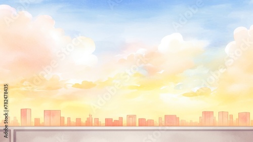 Rooftop View, Rooftop view, city bathed in sunset, pastel sky, cartoon drawing, water color style.