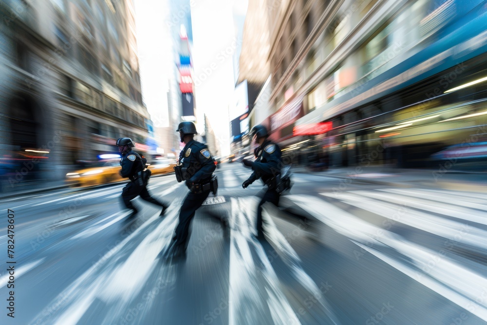 Urban Law Enforcement: Officers in Action - City Patrol: Police Responding to Incident - Motion Blurred Action in a Metropolis
