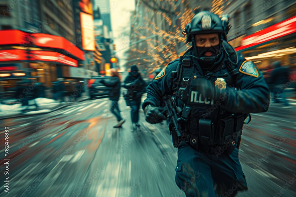 Urban Law Enforcement: Officers in Action - City Patrol: Police Responding to Incident - Motion Blurred Action in a Metropolis Urban Law Enforcement: Officers in Action - City Patrol: Police Responding to Incident - Motion Blurred Action in a Metropolis