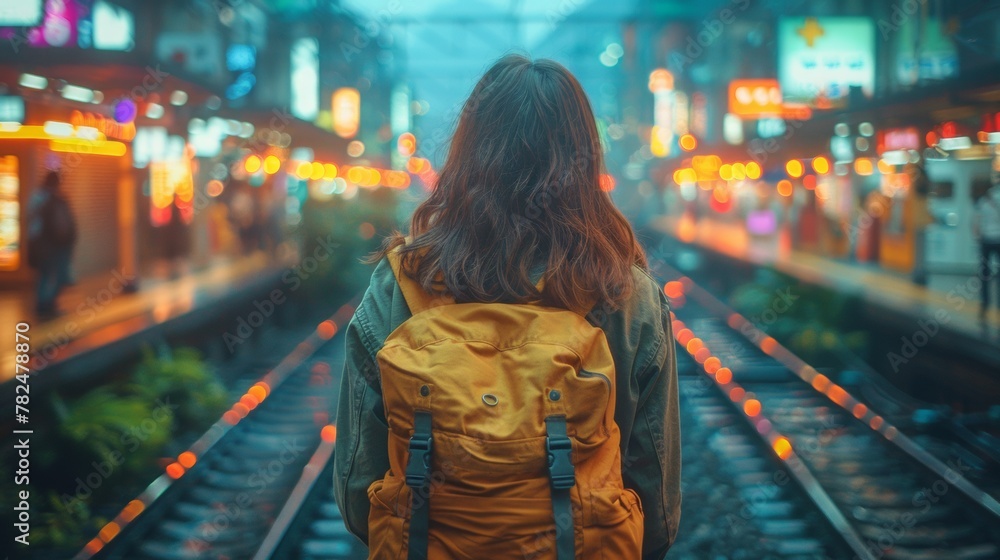A woman with a yellow backpack standing on train tracks, AI
