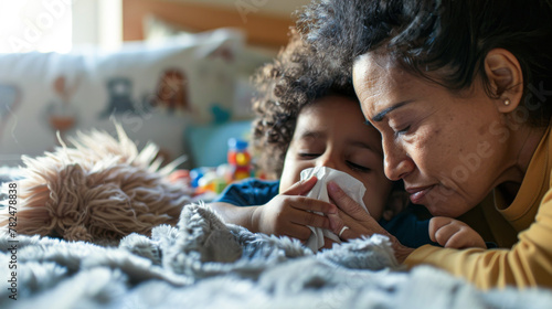 Tender Moment Between Mother and Sick Child at Home photo
