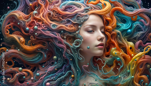 Beautiful fantasy girl. Surreal woman. Long multi-colored hair. The hair is woven into threads and paint