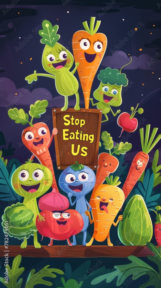 Naklejka premium Cartoon vegetables protesting with sign