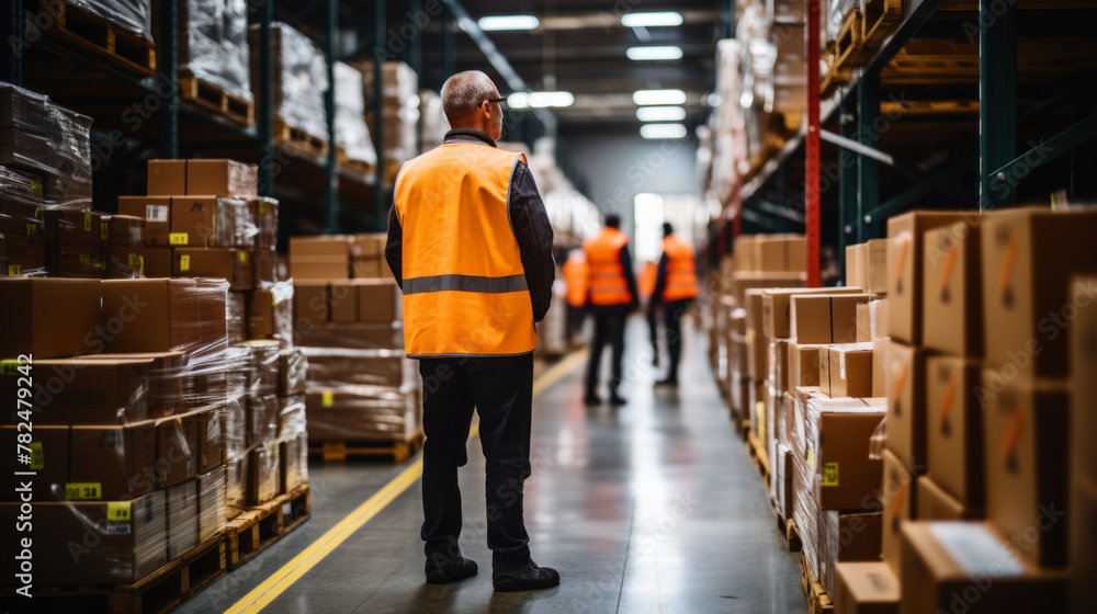 Warehouse Supervisor Overseeing Work Floor.Generative AI. Warehouse Supervisor Overseeing Work Floor.Generative AI.