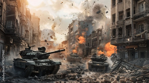A scene of multiple tanks positioned in a city street, showcasing military presence and readiness for battle. The armored vehicles are lined up in preparation, displaying a stark image of war photo