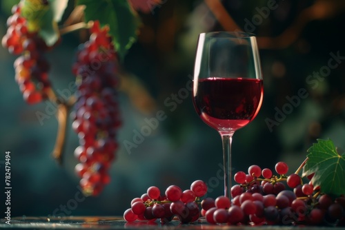 Wine glass filled with red wine beside a cluster of grapes on table