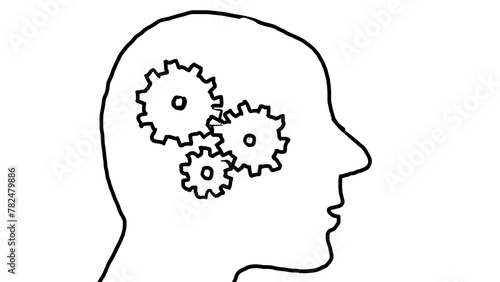 Drawing or sketch illustration of a human viewed from side with mechanical gears as brain on white background. (ID: 782479886)