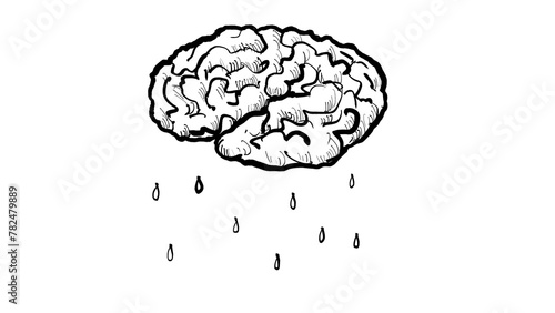 Drawing or sketch illustration of human brain like cloud raining with droplets of water on white background. (ID: 782479889)