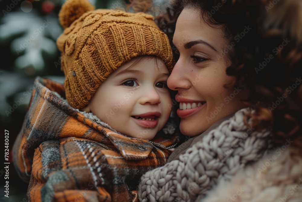 A woman and a child in warm autumn clothes on the street. A woman and a child in warm autumn clothes on the street.