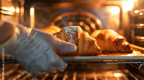 Closeup view of a person with gloves getting a fresh croissant out of the oven photo