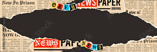Realistic Vintage Newspaper Background with torn paper scraps and place for text. Breaking news and urgent news event. Scraps of newspaper pages. Ransom blackmail letters ans phrases from newspaper. 