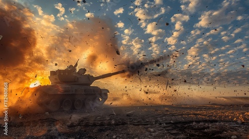 A tank is seen firing its cannon into a dense cloud of smoke, with the recoil visible. The scene depicts a moment of military action during a battle or war. photo