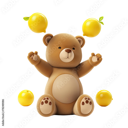 Playful teddy bear cartoon juggling bright yellow lemons in a fun and lively manner, isolated on a transparent background © pngking