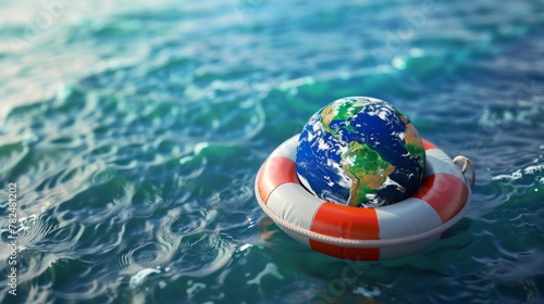 Planet earth in lifesaver on water