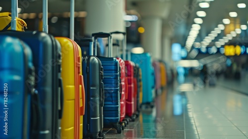 Colorful suitcases lined up in airport terminal