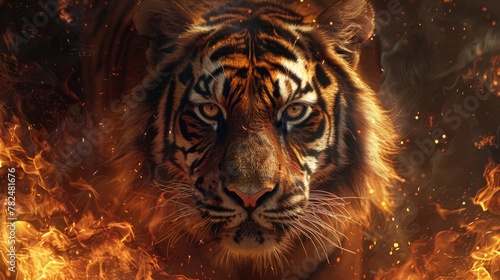 Visually striking portrait of a tiger with intense eyes, set against a dramatic backdrop of fire
