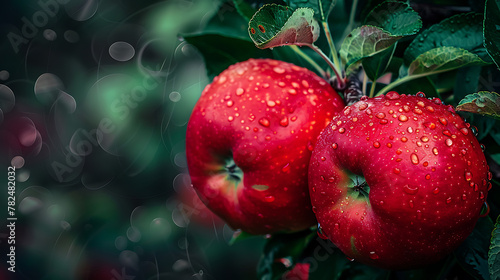 These two ripe red apples, adorned with water droplets, rest against a backdrop of dark green leaves