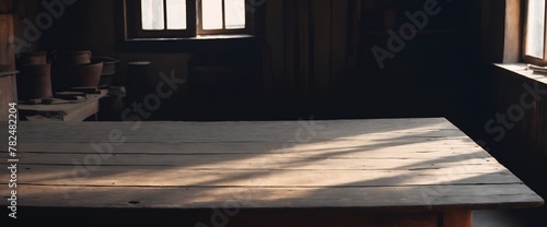 Sunlight shining on table in museum  old wooden house interior