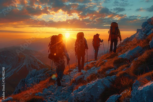 Group hiking at sunset amidst stunning natural landscape