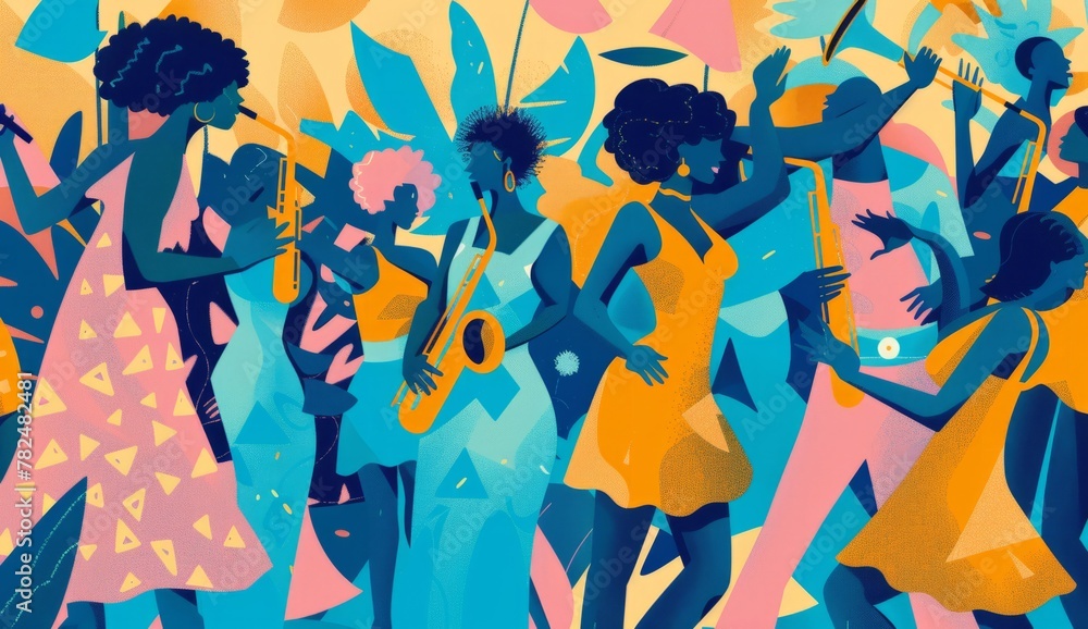 A vibrant illustration of people dancing to jazz music, showcasing the lively and energetic atmosphere at an afrohouse party Generative AI