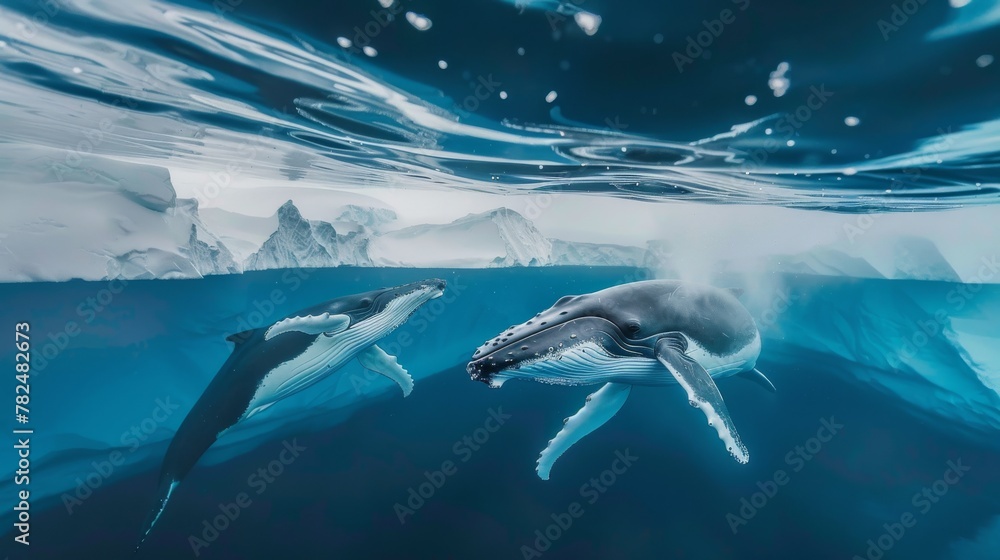 Two humpback whales are swimming in the ocean, with icebergs in the background. They are gracefully moving through the water, showcasing their powerful tails as they navigate the icy environment.