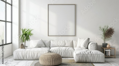 mock up poster frame in modern interior background, close up, living room, Scandinavian style, 3D render