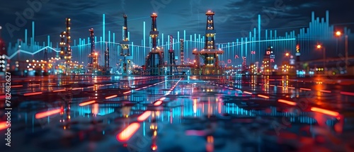 Futuristic Oil Industry Panorama with Economic Data Overlay. Concept Oil Industry Trends, Economic Data Analysis, Futuristic Technology, Energy Production, Industrial Landscapes photo