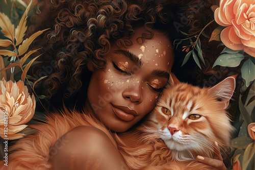 African American Woman with Curly Hair Embracing Red Cat against Floral Background