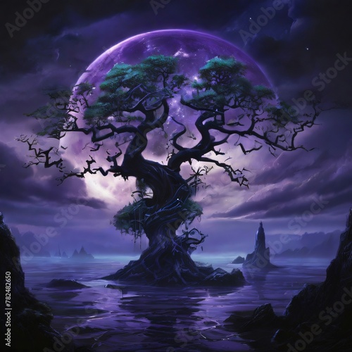 Scary sceene of a silhouette tree and giant moon in the background with purple glow, wallpaper 4k photo