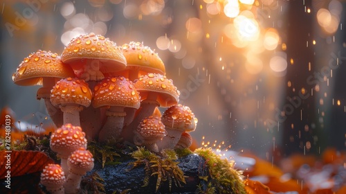 Enchanted forest mushrooms in misty rain © Denys
