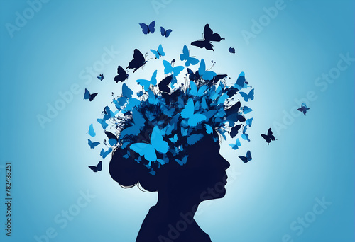 Woman with butterlies around head. Birth of idea.