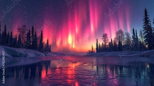 Majestic aurora borealis over wintry forest landscape photo
