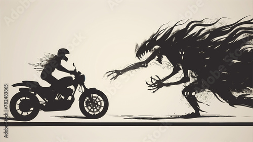 Man Riding Motorcycle Next to Monster © Ala