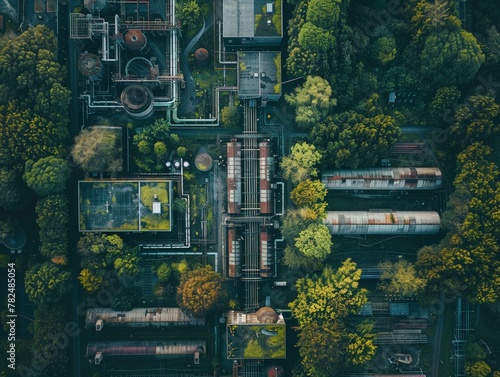 Sustainable Factory Complex Surrounded by Trees, Eco-friendly factory buildings with green roofs, nestled amidst a lush forest