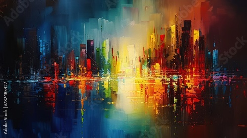 Abstract painting of a night city landscape. The sky is a mixture of red, blue and yellow. The city is reflected in the water below.
