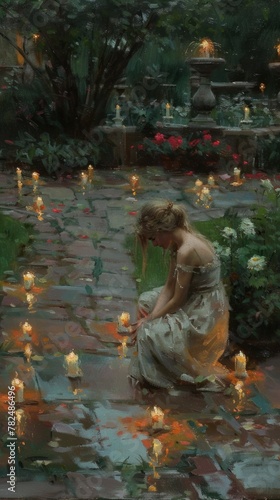 A woman in a white dress kneels on a brick path surrounded by lit candles. A garden can be seen in the background.