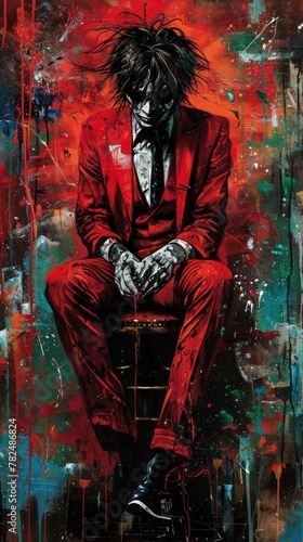 A man with black hair in a red suit, sitting on a stool with his head down and an expression of despair on his face. The background is an abstract painting with splashes of red, green and blue.