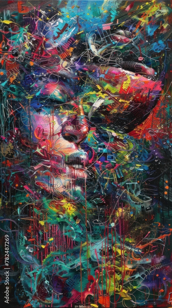 Abstract painting of a girl's face with large strokes of oil paint.