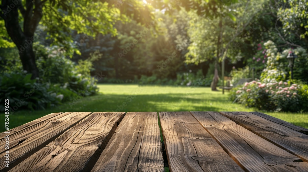 Wooden table in the garden at sunset. Selective focus. Wooden table in the garden at sunset. Selective focus.