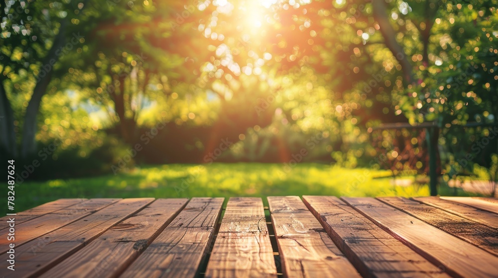 Wooden table in the garden at sunset. Selective focus. Wooden table in the garden at sunset. Selective focus.