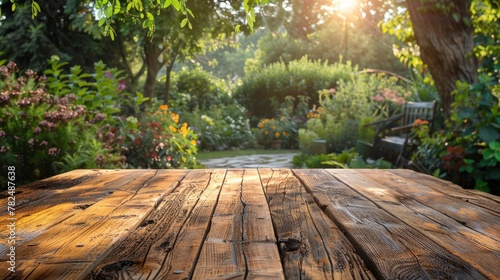 Wooden table in the garden at sunset. Selective focus.