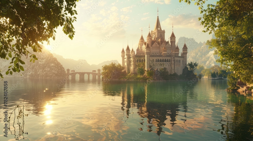 A beautiful castle sits on a lake's edge, framed by greenery and mountains in the background. The sun shines through the trees, casting a warm glow on the scene.
