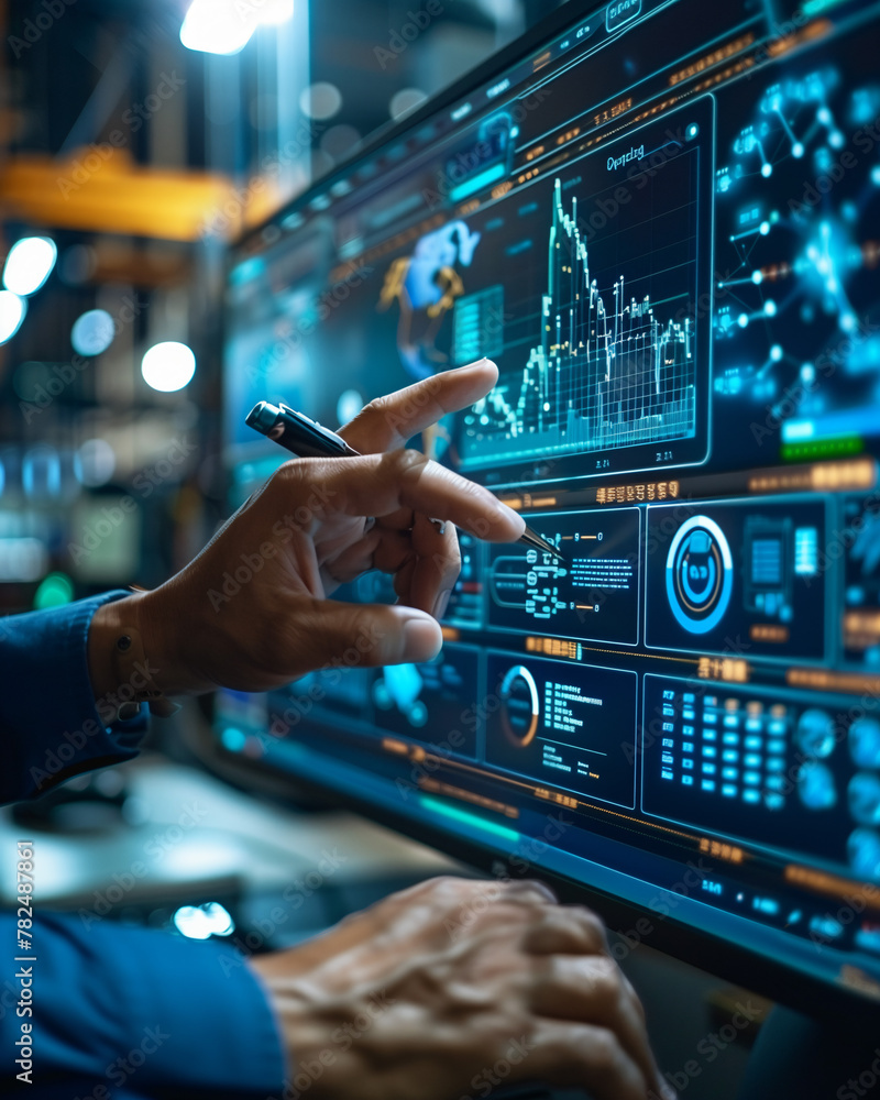 hands pointing at a large digital display of complex statistics and metrics hands pointing at a large digital display of complex statistics and metrics