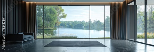Elegant interior design in dark colors with lake view