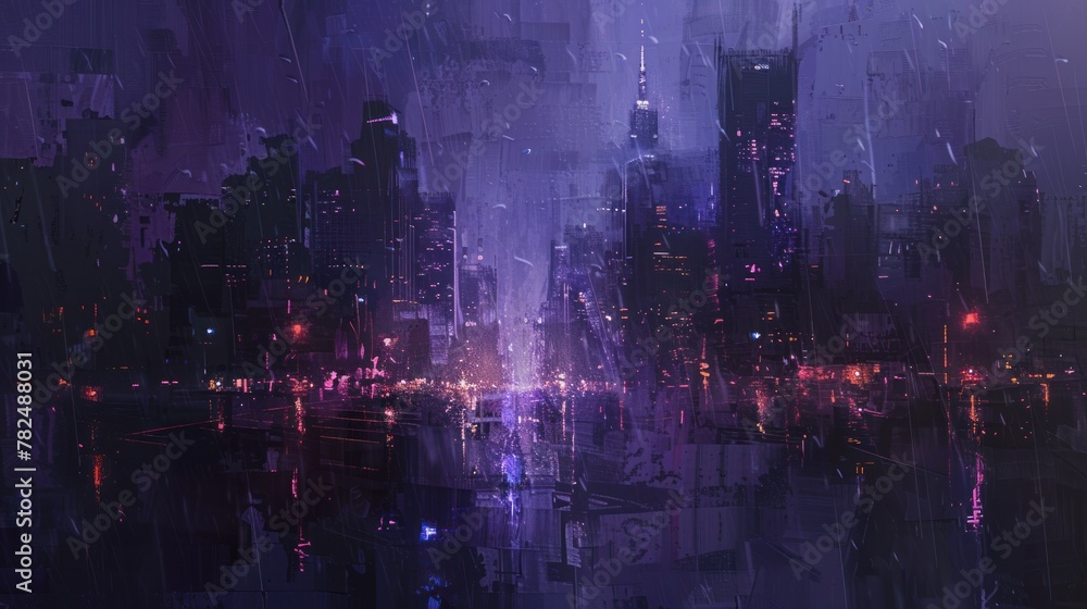 Futuristic cityscape at night. The street is filled with neon lights and buildings tower above it. The city seems rainy, the lights reflect off the wet sidewalk. The scene has a purple-blue tint.