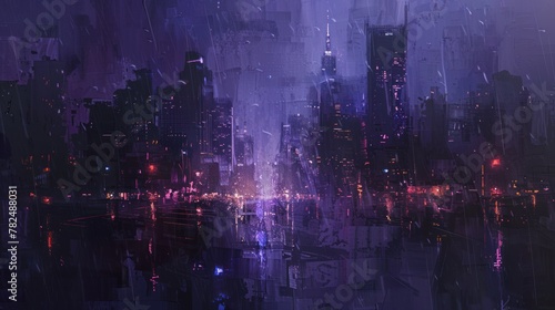 Futuristic cityscape at night. The street is filled with neon lights and buildings tower above it. The city seems rainy, the lights reflect off the wet sidewalk. The scene has a purple-blue tint. photo