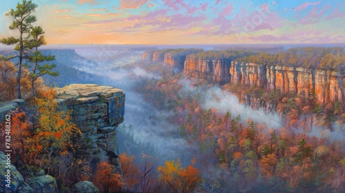 Picture of a foggy autumn day in the canyon. The sky is painted in pastel shades of pink, blue and peach, with a few white clouds. The rocks are colored in shades of brown and tan.