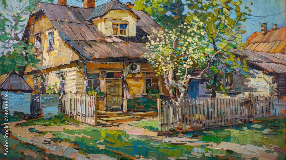 Obraz premium A painting of a small house with a yard and a tree in front of it.