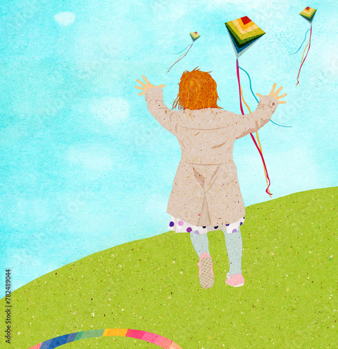Ilustracja dziewczynka z rudymi włosami biegająca po łące za latawcami na tle błękitnego nieba.