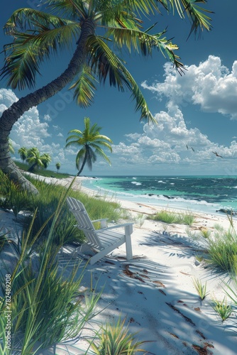 A beach scene with a palm tree hanging over a white beach chair. The sky is blue with white clouds and the ocean is a deep blue.